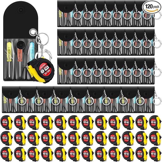 120 Pcs Mini Screwdriver Keychain Tape Measure Keychains Set Mens Gift Bulk Retractable for Adult Xmas Tool Birthday Party