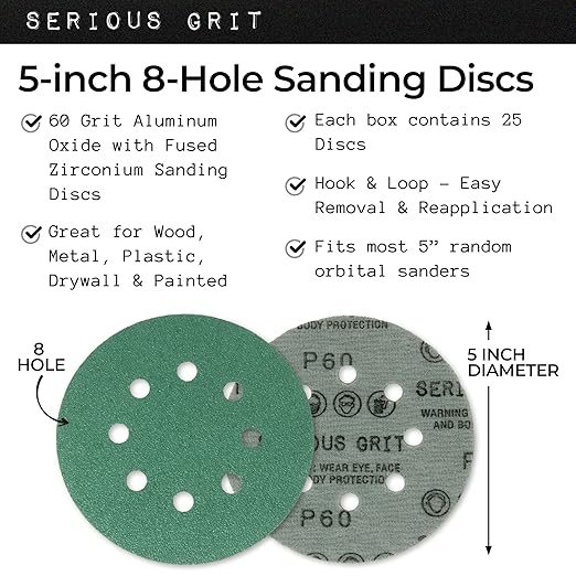 Serious Grit Sanding Discs 5 Inch 8 Hole 60 Grit - Heavy-Duty Hook & Loop Wet Dry Film Sandpaper Discs - Coarse Grit Sand Paper for Random Orbital Sanders - Wood, Automotive, Metal, etc - 25 Pack Box