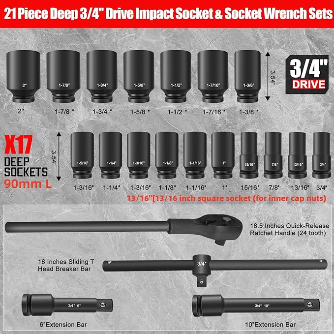 3/4 Inch Drive Impact Socket Set,6 Point,SAE Sizes(3/4" to 2"),21Pcs,Cr-Mo Steel,Includes Adapters and Quick Release Ratchet Wrench,With a Storage Case.