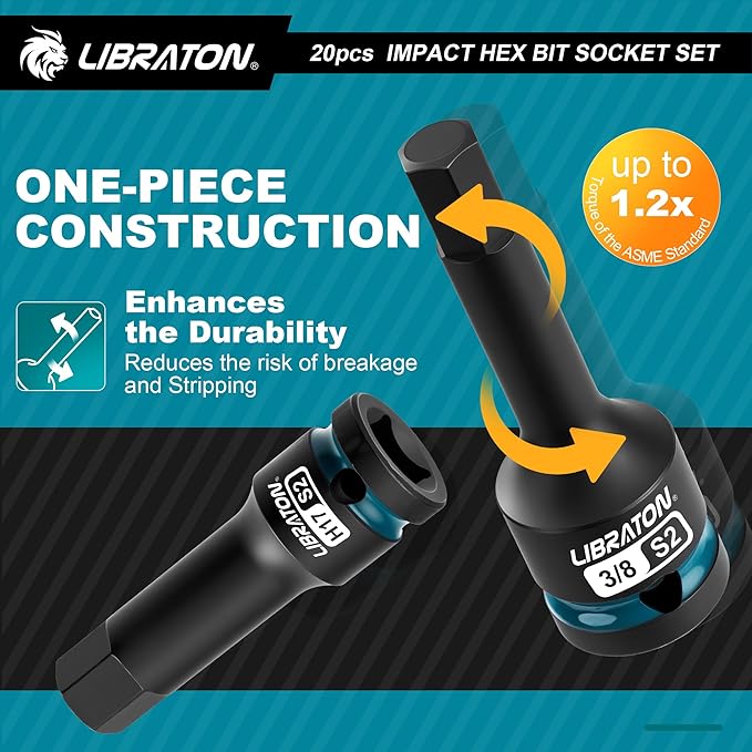 LIBRATON Impact Hex Bit Socket Set, 1/2" Dr, S2 Steel, Metric & SAE 20PCS (H5-H19 & 1/4"-3/4") High Torque Sockets for Professional Mechanics & Automotive Repair (XPE Storage Cases)