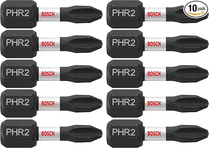 BOSCH ITPH2R1B 10-Pack 1 In. Phillips #2R Impact Tough Screwdriving Reduced Insert Bits