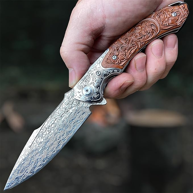 TACTICAL GEARZ Damascus Steel Pocket Knife, Custom Carved Rosewood Handle, Includes Custom Leather Sheath (Kahuna XT)