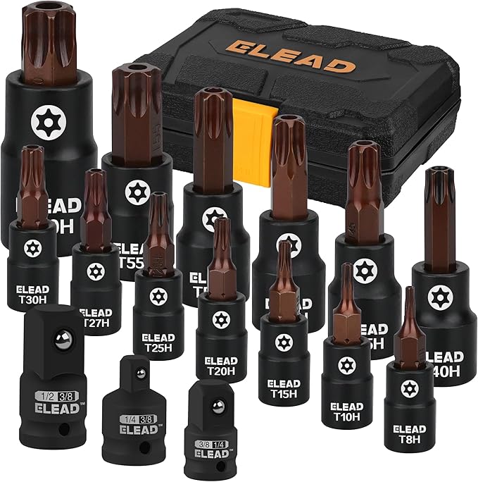 16-Piece Torx Bit Socket Set - Premium S2 Steel European Style T8-T60 with Socket Adapters, Star Bit Socket Set 1/4?? 3/8??and 1/2??Drive | Professional Mechanic Garage Tools