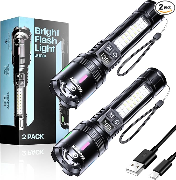 Esgreen LED Rechargeable Flashlights High Lumens 10000 2 Pack, Single Click Bright Flashlight Long Lasting 12H, Compact Handheld Flash Light USB C, White & Red Light, for Hiking Camping Gift