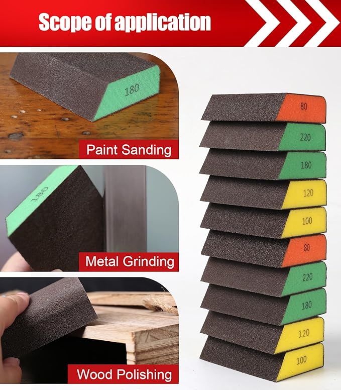 10 Pack Single Sanding Block, Washable and Reusable Sanding Sponge 80/100/120/180/220 Grit Sandpaper Block for Wood Drywall Metal Sand Paper Brick