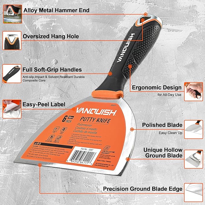 VANQUISH Stainless Steel Putty Knife, 6 Inch Paint Scraper with Soft Grip Handle and Metal Hammer End for Drywall Spackle, Taping, Scraping Paint 3587