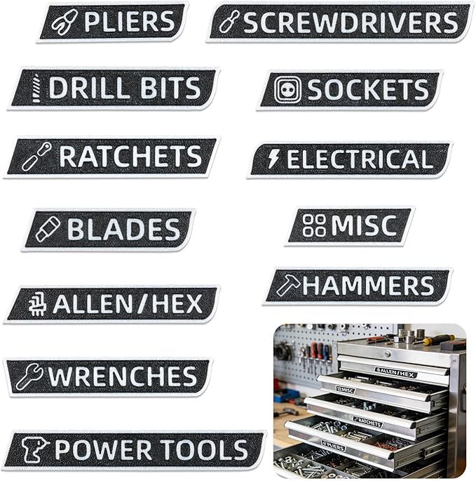 12 Pack Magnetic Tool Box Labels with Icons & Reusable 3D Printed Organizer Labels for Garage Workshop, Thick Waterproof Tool Drawer Stickers for Efficient Organization (Black)