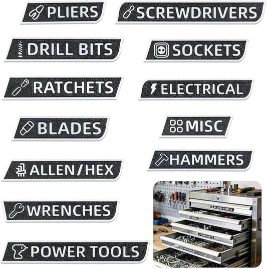 12 Pack Magnetic Tool Box Labels with Icons & Reusable 3D Printed Organizer Labels for Garage Workshop, Thick Waterproof Tool Drawer Stickers for Efficient Organization (Black)