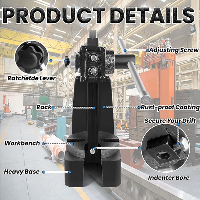 1 Ton Arbor Press with 3 Drift, Manual Cast Iron Arbor Press, 11.73"H Heavy Duty Manual Desktop Arbor Press, Manual Bench Press for Stretching, Deforming, Metal Punching (Black)