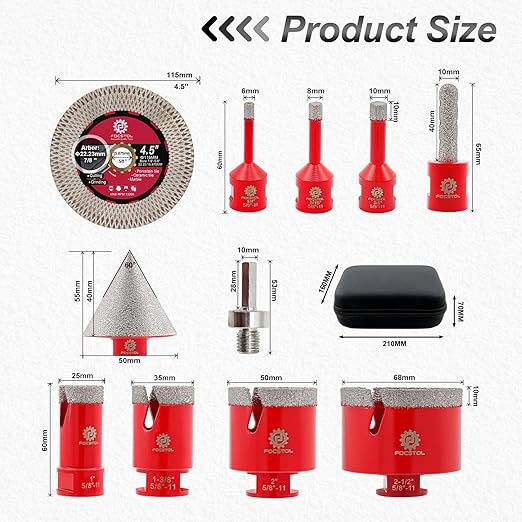 FOCSTOL Diamond Core Drill Bit Set - 11pcs (6/8/10/25/35/50/65mm+10mm Finger Milling Bit+50mm Beveling Chamfer Bit+Hex+4.5'' Saw Blade) Hole Saw Kit for Porcelain Ceramic Tile Marble Granite