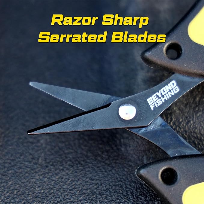 Beyond Fishing - 4.5??Fishing Scissors for Braided Line, Stainless Steel with Serrated Blades, Non Slip Grip, Large Finger Holes Fishing Line Cutter