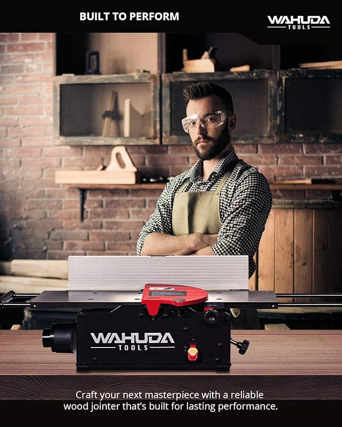 Wahuda Tools Jointer - 8-inch Benchtop Wood Jointer, Spiral Cutterhead Portable Jointer, Cast Iron Tables w/Pull Out Extensions, 4-Sided Carbide Tips & 10amp Motor, Woodworking Tools (50180CC-WHD)