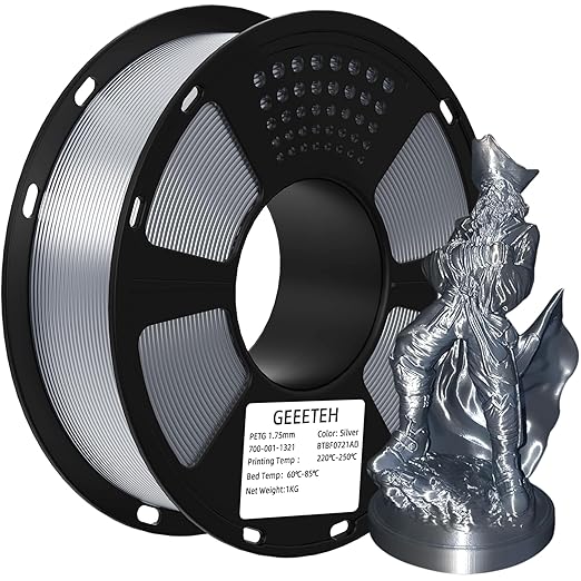 Geeetech PETG Filament 1.75mm, 1 KG (2.2lbs) Spool 3D Printer Filament, High-Toughness, 짹0.02mm Accuracy, Neatly Wound & Moistureproof, Non-Clogging Non-Stringing, Fits Most FDM Printers, Silver