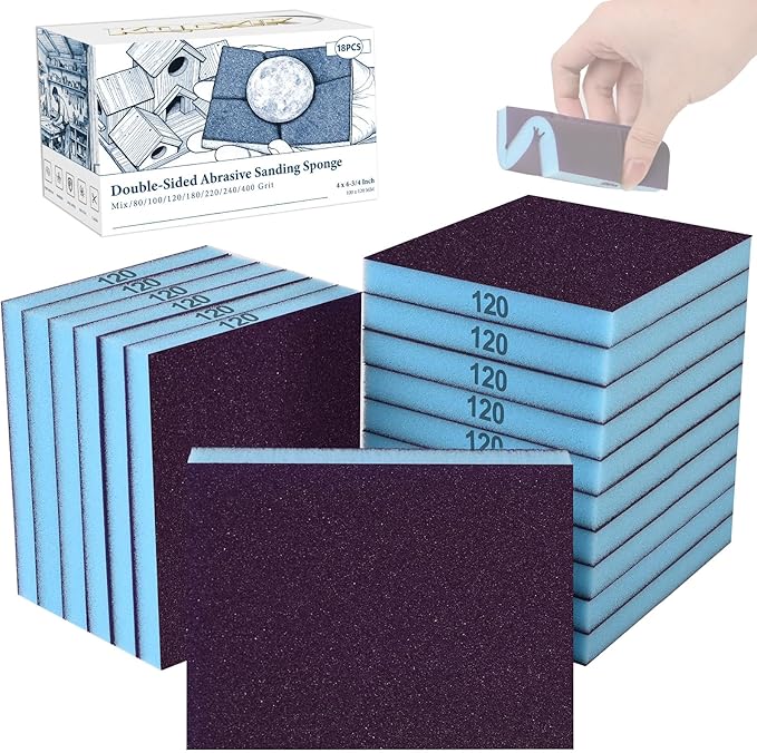 18 Pack Double-Sided Sanding Sponge, Wet Dry Sanding Blocks 120 Grit Washable Sandpaper Sponge Assortment Pack for Curved Wood Furniture Paint Drywall Metal