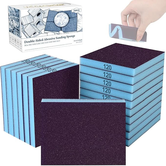 18 Pack Double-Sided Sanding Sponge, Wet Dry Sanding Blocks 120 Grit Washable Sandpaper Sponge Assortment Pack for Curved Wood Furniture Paint Drywall Metal