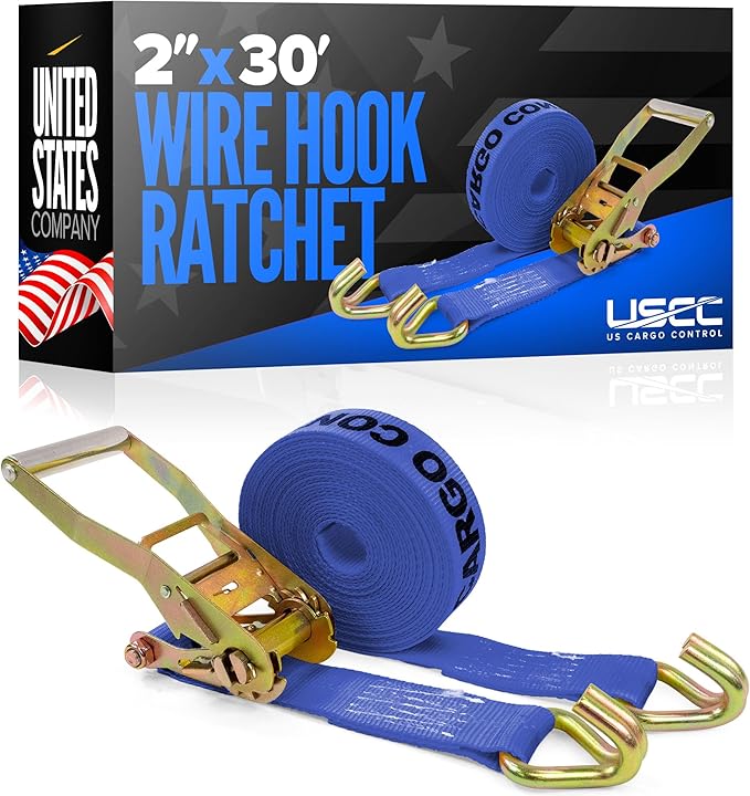 US Cargo Control Wire Hook Ratchet Strap 2 Inch x 30 Foot, 10,000 LBS Break Strength, Ratchet Straps Heavy Duty with Double J Hooks, Blue Cargo Tie Downs for Flatbed Trailers and Trucks