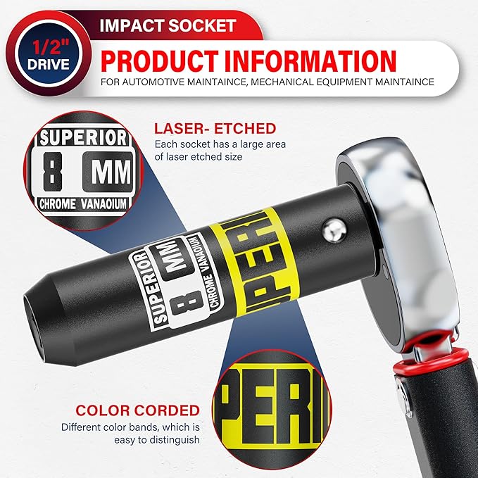 1/2" Drive Impact Socket, 8 mm Deep Socket, Metric, 6 Point, CR-V, for Automotive Maintaince, Mechanical Equipment Maintaince