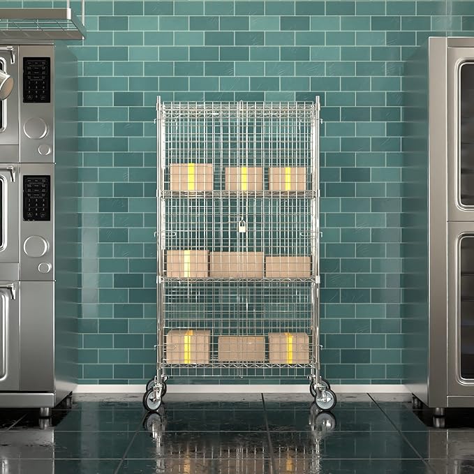 Commercial Grade NSF Listed Metal Wire Mesh Storage Chrome Mobile Security Cage Kit, 18" x 36" x 70", Perfect for Warehouse, Grocery Store, Restaurant, Dishroom