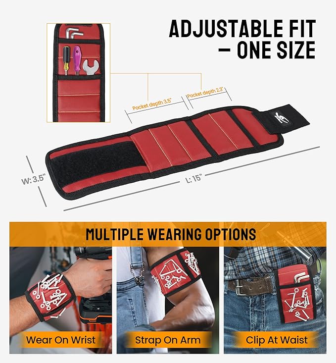 HiRui Magnetic Wristband for Tools ??Ultra-Strong 15 Neodymium Magnets Hold Screws, Nails & Bits, Dual Pockets ??Hands?멑ree for DIY, Home Repairs, Auto ??Gift?멢eady for Dad, Husband, Grandpa (Red)