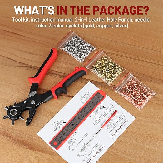 2 in 1 Leather Hole Punch, 3/16" 4.5mm Revolving Hole Puncher with Metal Eyelets for Leather, Belts, Watch Bands, Fabric, Plastic, DIY Handmade Production