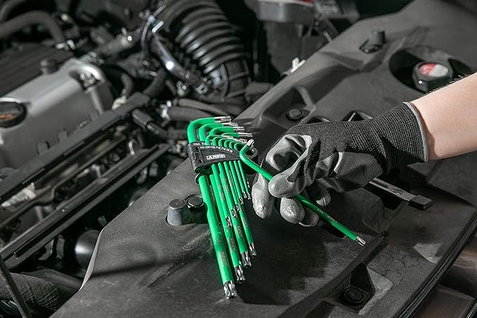 ARES 70166-13-Piece Extra Long Arm Torx Star Key Wrench Set - Chrome Finish with Green High Visibility Anti-Slip Coating - Convenient Storage Case Included