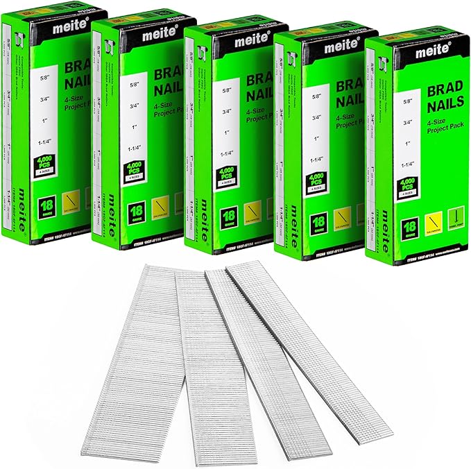 meite 18 Gauge Brad Nails, 4,000-Count Assorted 4 Sizes (5/8", 3/4", 1", 1-1/4 Inch) Galvanized Finish Nails for Pneumatic, Electric 18GA Brad Nailer Nail Guns Trim, Project Pack Assortment (5 Boxes)
