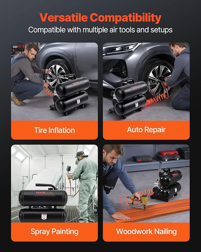 VEVOR Air Compressor, 4.6 Gallon Steel Tank, 1HP 2.2CFM@90 PSI Oil Free Air Compressor & Max 120PSI Pressure, 80dB Ultra Quiet Portable Compressor for Auto Repair, Tire Inflation, Spray Painting, 120V
