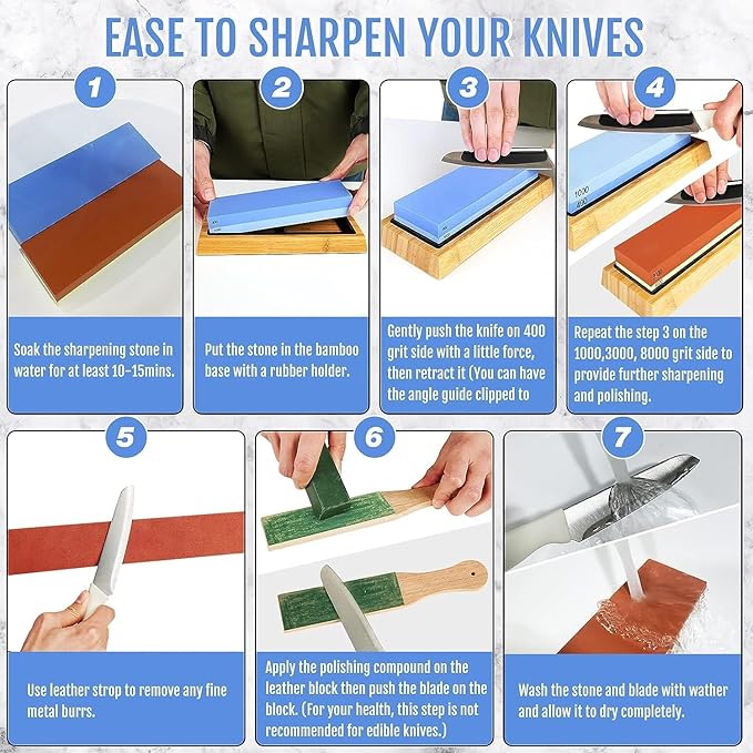 Knife Sharpening Stone Kit, 12pcs Dual Grit Whetstone 400/1000&3000/8000 White Corundum, Whetstone kit with Non-slip Bases, Flattening Stone, Angle Guide, Honing guide…