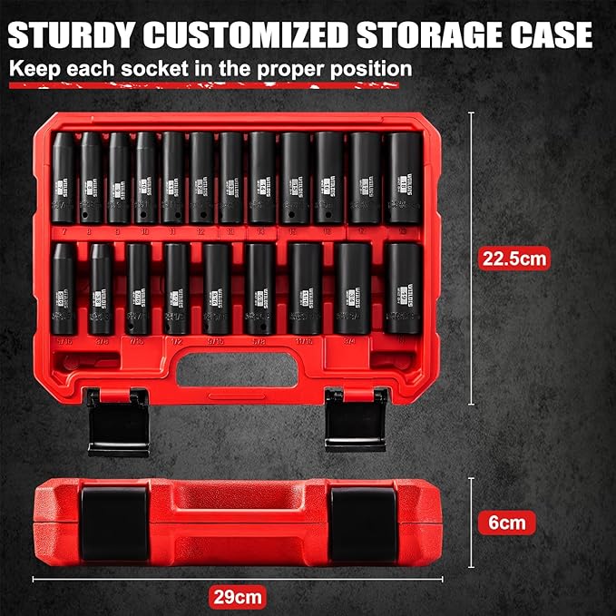 21 Pieces 3/8" Drive Deep Impact Socket Set, Standard SAE (5/16"to 3/4") & Metric (7mm to 19mm), 6 Point Design, Deep, Premium Cr-V Steel