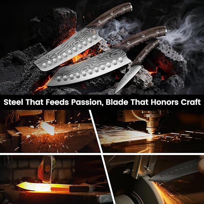 Kitchen Knife Set, 3PCS Japanese Style Chef Knives Set, Ultra Sharp Kiritsuke, Nakiri, Paring for Precision Cutting, Damascus Pattern Ergonomic Full Tang Wooden Handle, Christmas Cooking Gifts
