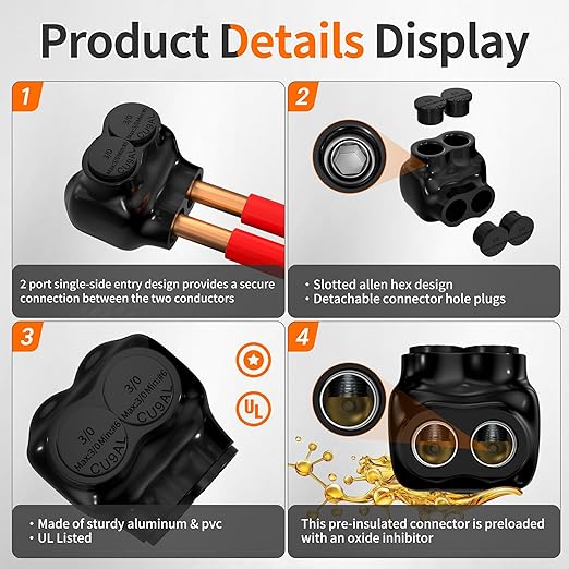 Joinfworld 2 Port Insulated Multi Tap Connector 3/0-6 Gauge Wire Connectors Aluminum to Copper Wire Connectors Single Side Entry Electrical Cable Connectors UL Listed with Slotted Allen Hex - 6 Pack