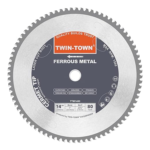 TWIN-TOWN 14-Inch 80 Teeth Metal Steel Cutting Saw Blade for Dry Cutting Mild Steel and Ferrous Metals, 1-Inch Arbor, Cermet Carbide Tipped Up to 5X Longer Life, Compatible with Circular and Chop Saws