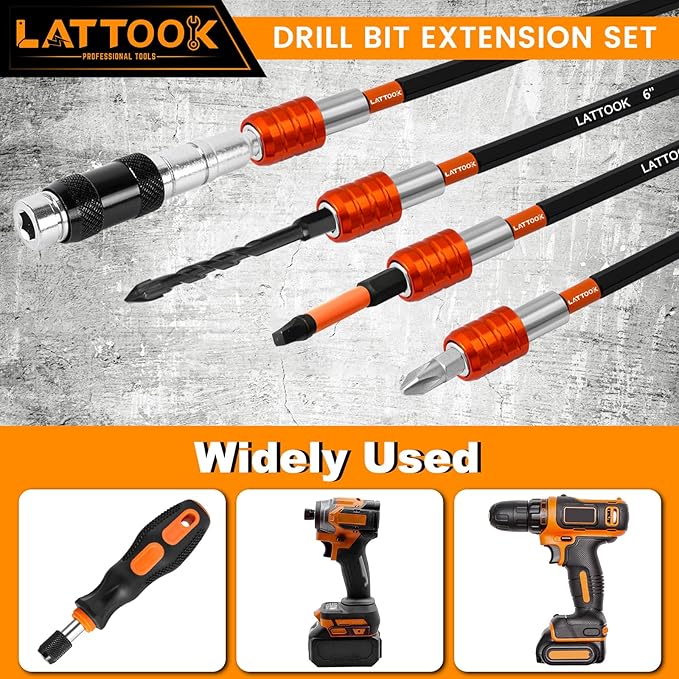 Drill Bit Extension Set, LATTOOK 4-Pieces 2-3/8", 4", 6", 12'' Long Magnetic Drill Screwdriver Bit Holder Extender, 1/4 Inch Hex Quick Release Bit Holder for Drill Bits