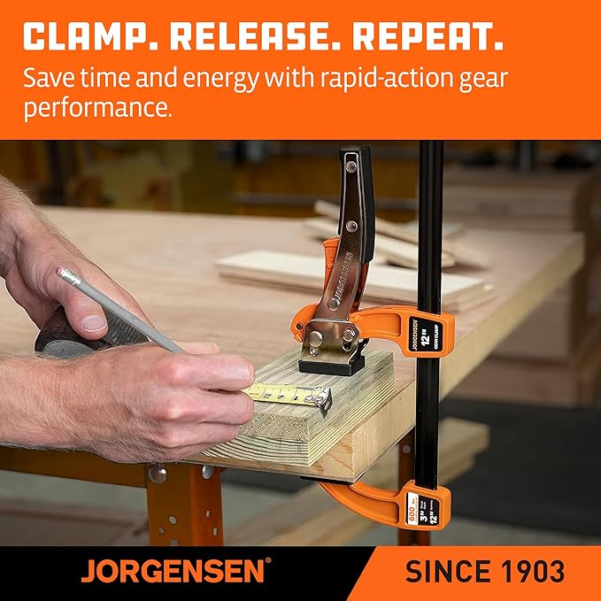 Jorgensen 12-inch Bar Clamp Set, Ratcheting Bar Clamp for Woodworking, Quick Release Gear Clamp with 600 lbs Load Limit - 2 Pack