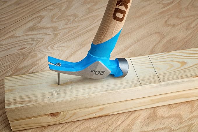 OX Tools Pro 20oz Curved Hickory Handle Hammer with TPR Rubber Hands Grip Hickory Framing Magnetic Nail Starter Curved Axe Handle Milled Face Craftsman Hammer Nail Puller Carpenter Tool OX-P087220