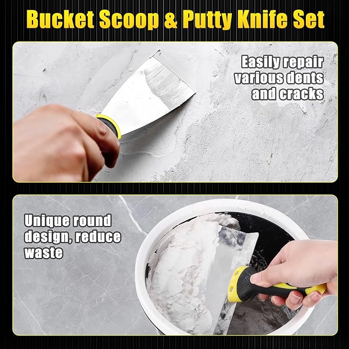 Bucket Scoop - 6.5" Arc-shape Stainless Steel Bucket Scraper and 4" Putty Knife Set - Rustproof Bucket Scoop for Drywall, Plaster - Scraper Hand Tool with Soft-Grip Handle