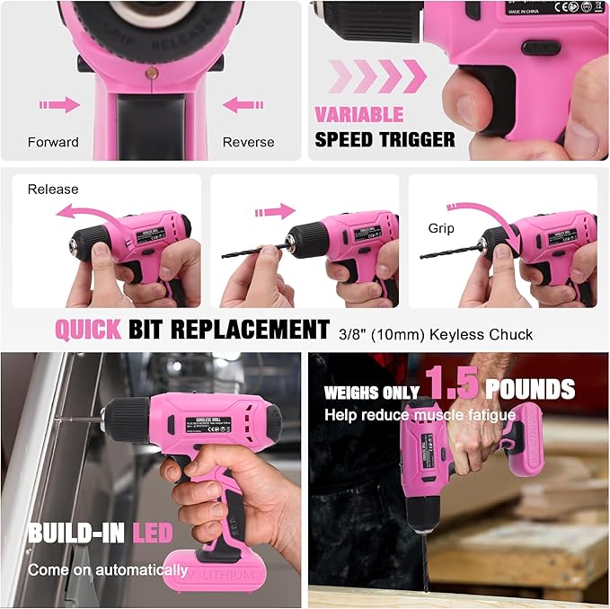 Pink Tool Set with 8V Cordless Drill, 158-Piece Home Repair Kit, General Household Hand Tools with Screwdriver, Pliers, Hammer, Wrench, knife, for women and men