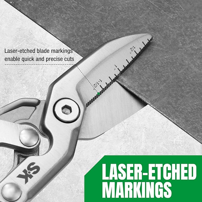 SK 8" Compound Action Tin Snips, Metal Shears with Forged Blade, Heavy Duty Metal Cutter Scissors, Ergonomic Handle for Comfortable Grip
