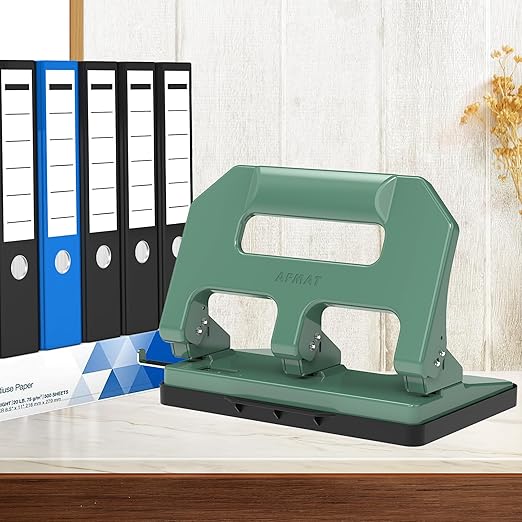 AFMAT Heavy Duty 3 Hole Punch, 3 Hole Puncher for Binder, 40-Sheet Three Hole Punch w/ 10000+ Uses, Metal Hole Puncher 3 Ring, 50% Reduced Effort, 9/32inch Hole, Bulit-in S.S. Paper Guide HPX1(Green)
