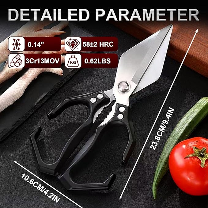 Kitchen Scissors for Food Heavy Duty Poultry Shears Built-In Nutcracker, Japanese High-Carbon Steel Culinary Shears with Ergonomic Handle, All Purpose Kitchen Tool for Chicken, Meat & Seafood (Black)