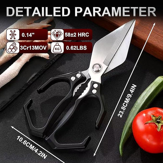 Kitchen Scissors for Food Heavy Duty Poultry Shears Built-In Nutcracker, Japanese High-Carbon Steel Culinary Shears with Ergonomic Handle, All Purpose Kitchen Tool for Chicken, Meat & Seafood (Black)