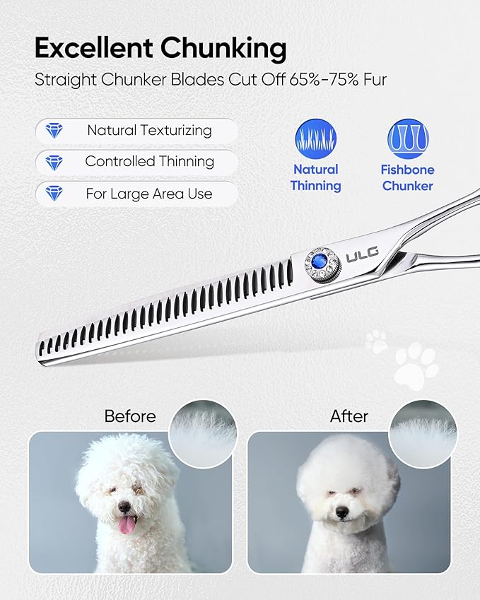 ULG Professional Dog Grooming Scissors 7.0??Straight Chunker Shear 65%-75% Thinning Rate 440C Japanese Stainless Steel Tension Adjustable Left & Right Handed Pet Grooming Shears