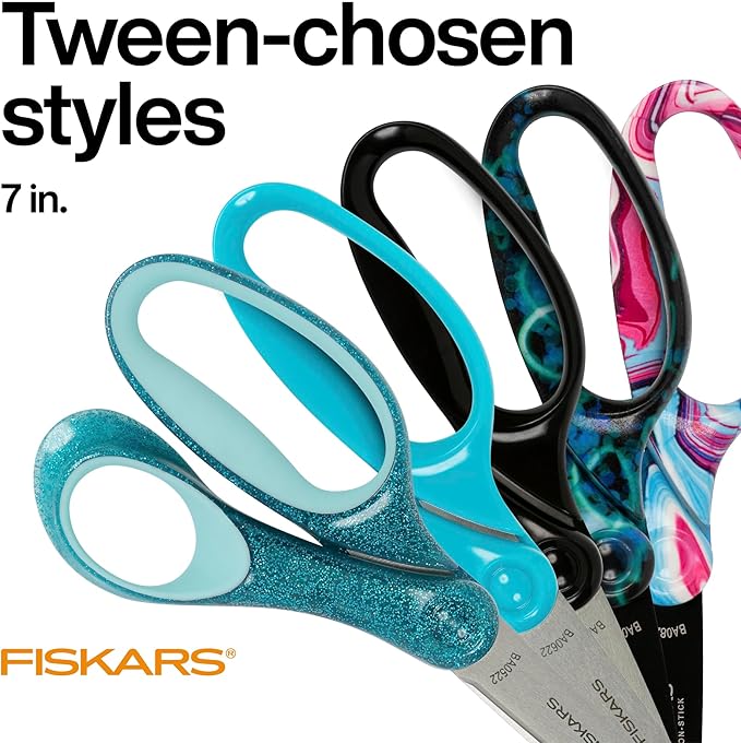 Fiskars 7" Student Scissors for Kids Ages 12-14 (3-Pack), Scissors for School or Crafting, Back to School Supplies, Purple, Blue and Turquoise