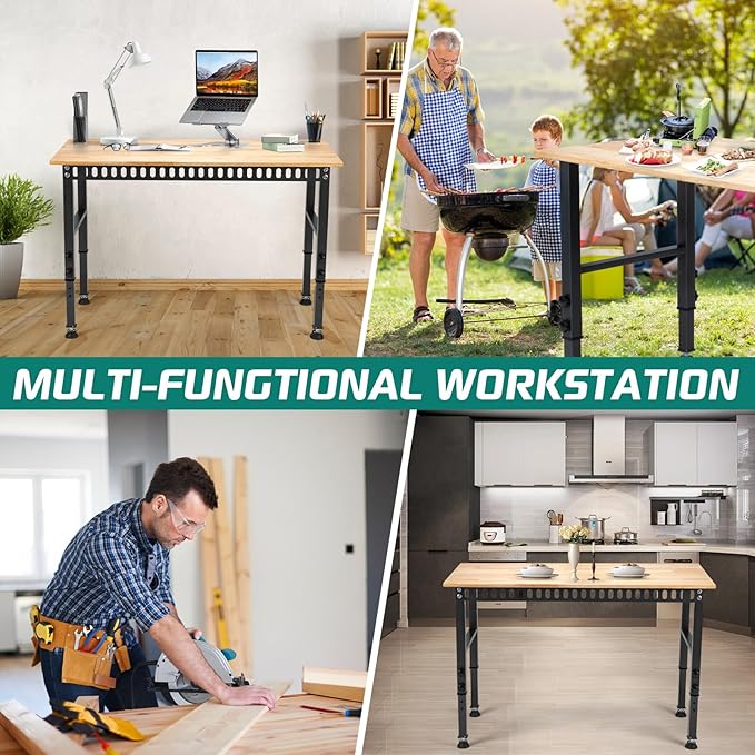 48 "Adjustable Workbench, Heavy Duty 2000 LBS Load Capacity Hardwood Workbench Suitable for Workshop, Office, Garage, Home (Rubber Pad訝쭼o Power Outlets 48"x24")