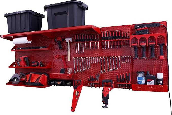 OmniWall Weekend Warrior Ultimate Tool Kit-96" x 32" Metal Pegboard Wall Storage System Red/Red