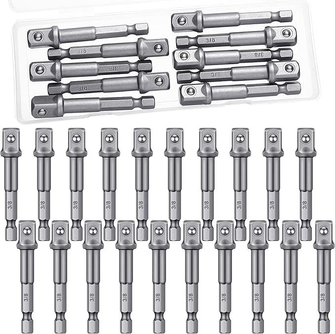 Mudder 20 Pieces 3/8 Inch Impact Adapter Square Socket Bit Adapter Hex Impact Socket for Drills Extension Accessory Driver Bits for Automotive DIY-1/4 Hex Shank(Silver)