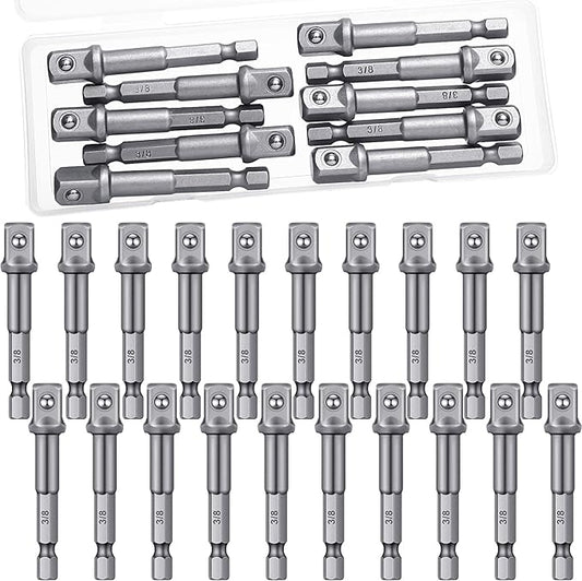 Mudder 20 Pieces 3/8 Inch Impact Adapter Square Socket Bit Adapter Hex Impact Socket for Drills Extension Accessory Driver Bits for Automotive DIY-1/4 Hex Shank(Silver)