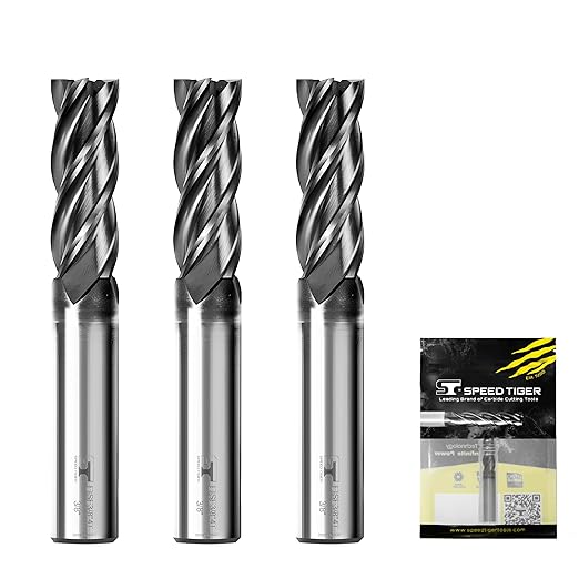 SPEED TIGER EISE 3/8" Carbide Square End Mill - 4 Flutes Milling Bits Set for Alloy Steels, Hardened Steels, Aluminum, Copper, Cast Iron, HRC 50 Deg AlTiN Coating, CNC Router Bits (3pcs)
