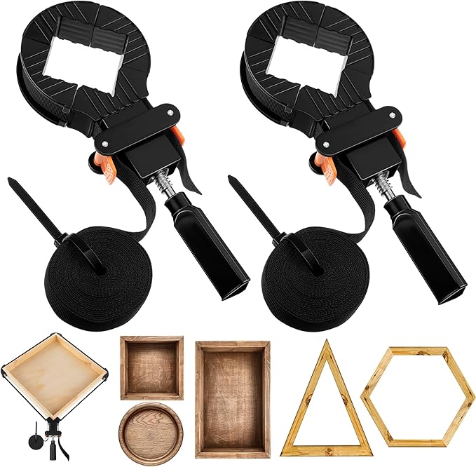 Feekoon 2 Packs 13 FT Belt Band Strap Clamps for Woodworking, Quick Release Band Clamps with 4 Corner Claws, Thick and Sturdy Belt Clamp, Adjustable Picture Frame Clamp Tool