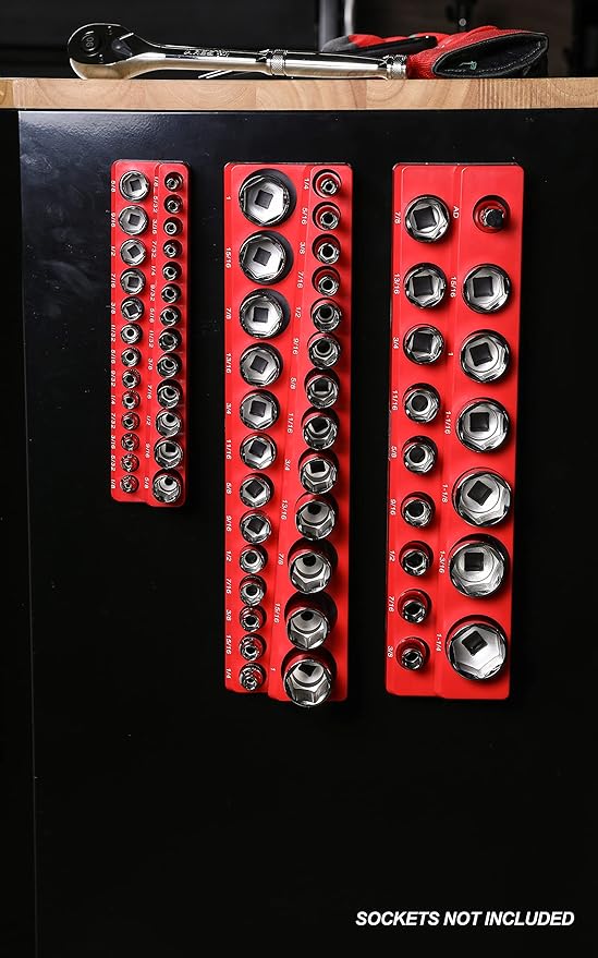 ARES 60035-3-Piece Set SAE Magnetic Socket Organizers - RED -Includes 1/4 in, 3/8 in, 1/2 in Socket Holders - Holds 68 Standard (Shallow) and Deep Sockets - Also Available in GREEN
